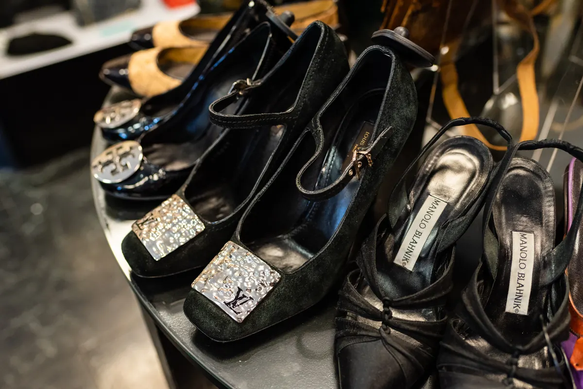 Embellished designer pumps on display